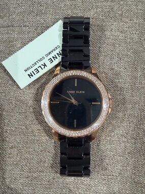 Anne Klein Black and Rose Gold-Tone Crystal Accent Women's Watch